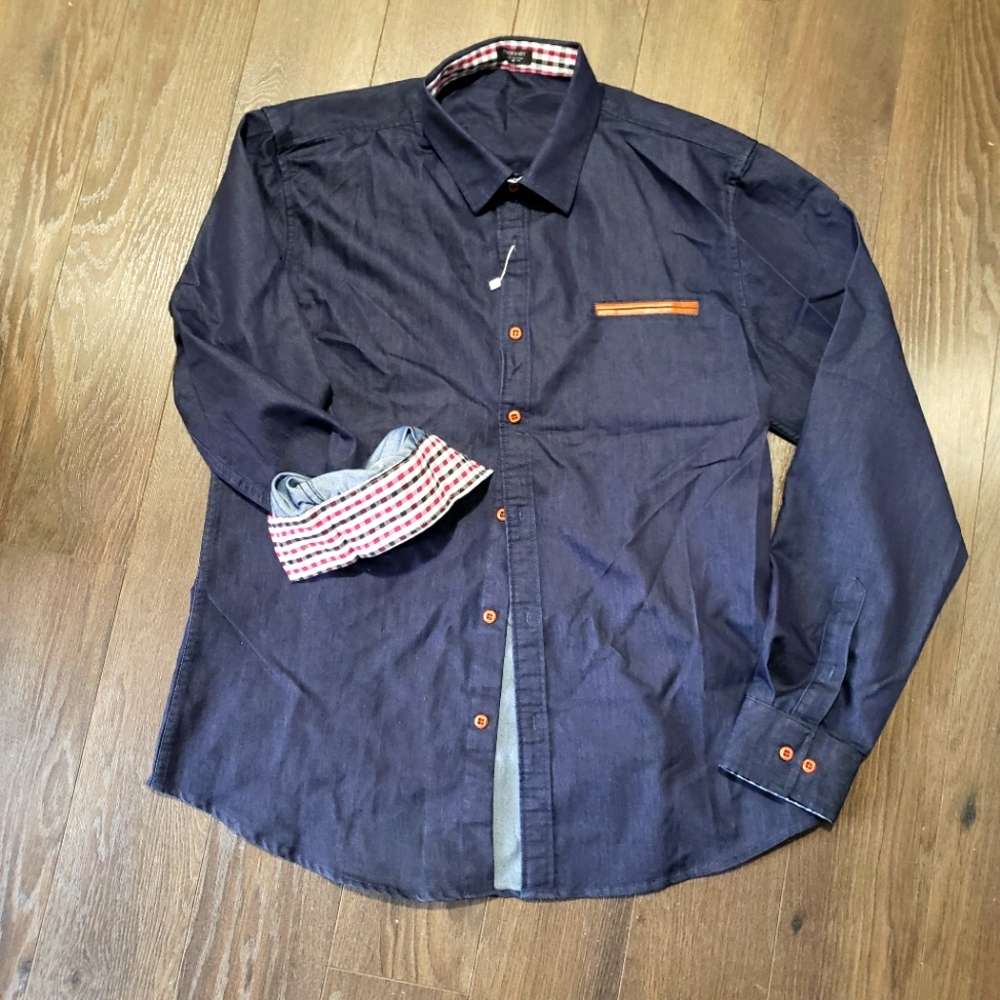 ➡️➡️ NWOT Long-sleeve Denim Button-down Shirt & Plaid Trim Size: S